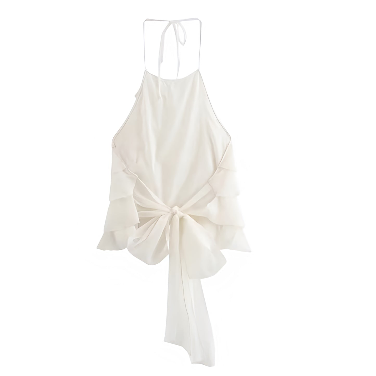 Ivory White Layered Ruffle Trim Backless Bow Halter Tank Top