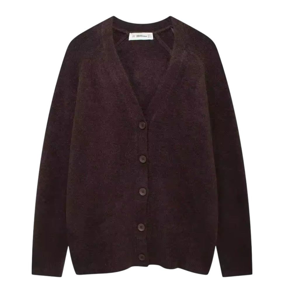 Dark Brown Knit Oversized Button-Down Long Sleeve V-Neck Cardigan Sweater