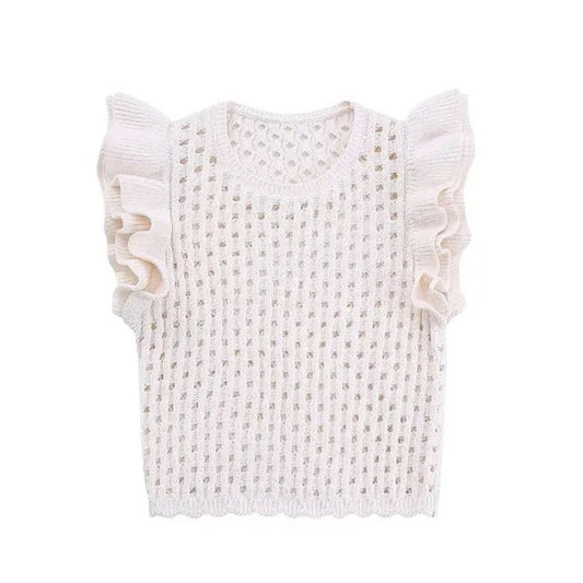 Ivory White Knit Crochet Ruffle Sleeve Blouse Top