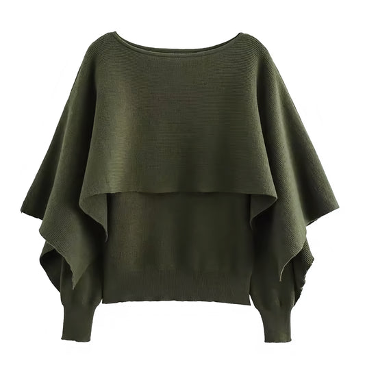 Olive Green Knit Woolen Oversized Ruffled Long Sleeve Pullover Cape Sweater