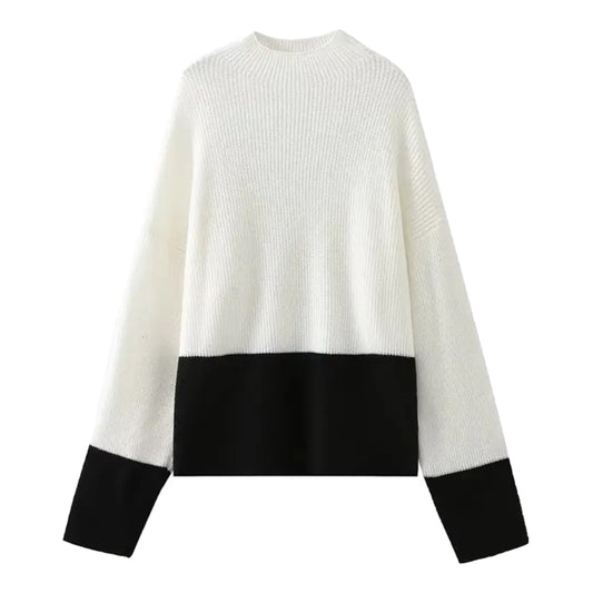 White & Black Contrast Knit Turtleneck Pull Over Sweater