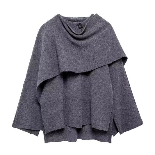 Dark Grey Knit Woolen Oversized Irregular Long Sleeve Pullover Cloak Sweater