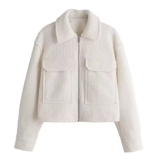 White Woolen Zip-Up Long Sleeve Cropped Sherpa Jacket