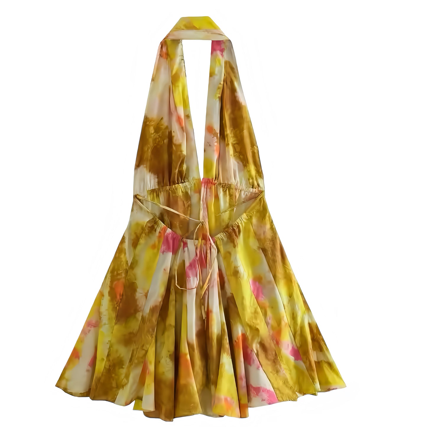 Yellow Tie-Dye Patterned Backless Halter Mini Dress