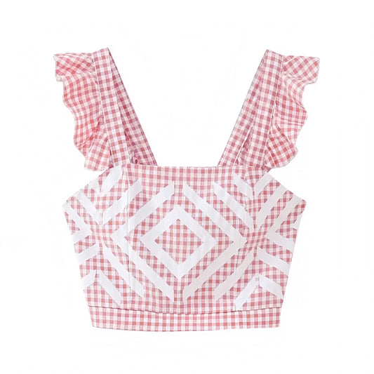 Light Pink & White Gingham Patterned Slim Fit Ruffle Sleeve Crop Tank Top