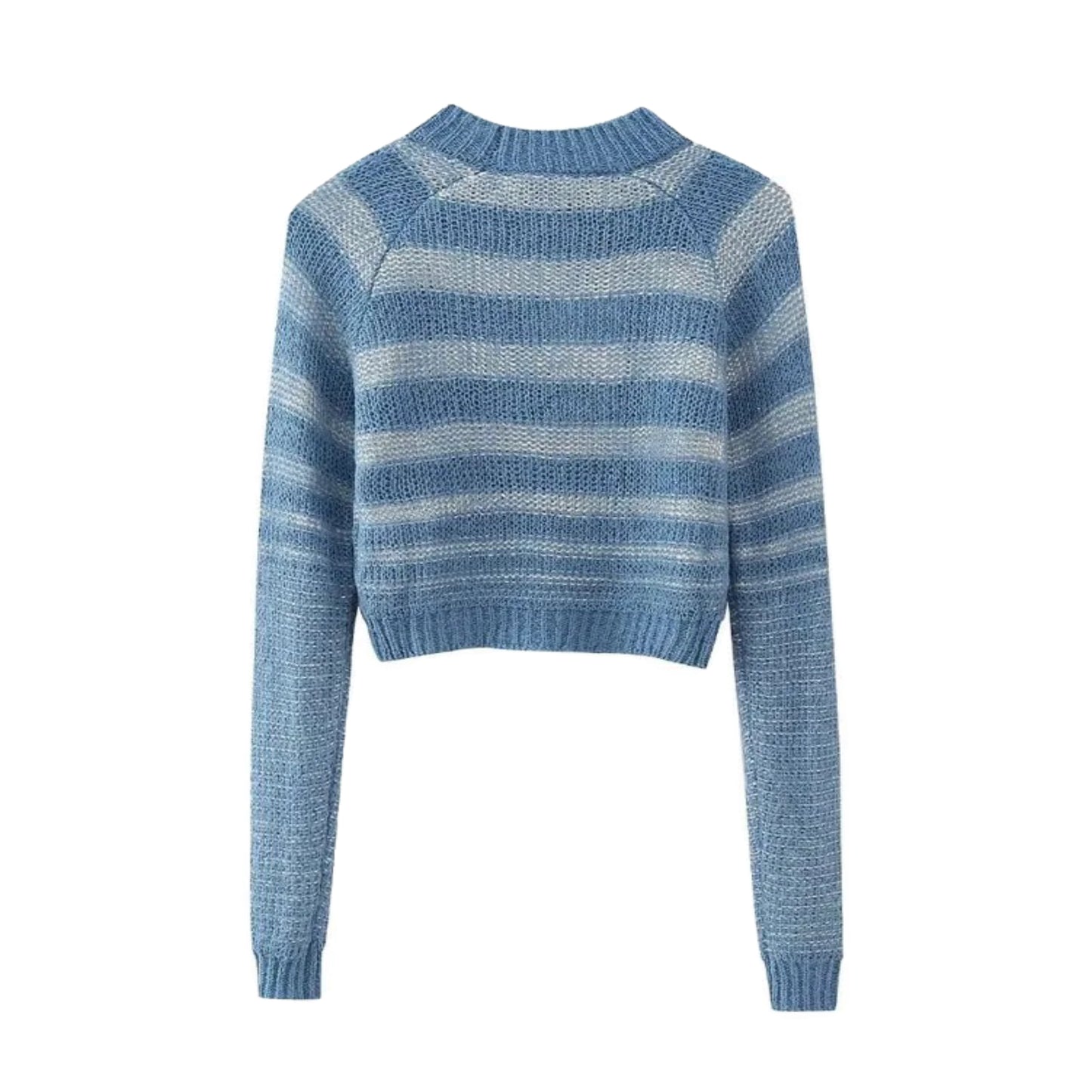 Lake Blue Striped Knit Cropped Pullover Sweater