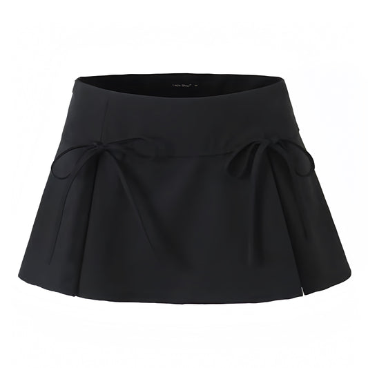 black-slim-tight-fit-pleated-bow-mid-low-rise-waisted-fitted-waist-slit-short-mini-skirt-skort-with-shorts-women-ladies-chic-trendy-spring-2024-summer-casual-feminine-office-siren-90s-minimalist-coquette-blokette-preppy-school-academia-club-wear-night-out-sexy-party-korean-stockholm-style-zara-revolve-aritzia-brandy-melville-urban-outfitters