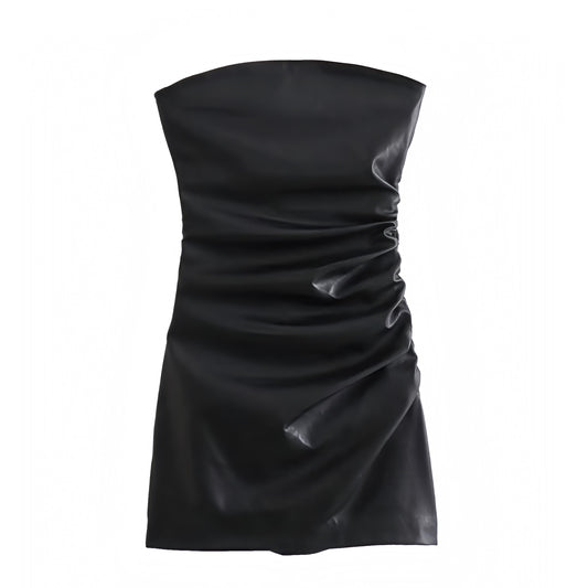 black-faux-leather-shiny-metallic-slim-fit-bodycon-ruched-strapless-sleeveless-bandeau-short-mini-dress-sundress-women-ladies-chic-trendy-spring-2024-summer-elegant-casual-semi-formal-classy-feminine-party-date-night-out-sexy-club-wear-y2k-90s-minimalist-office-siren-style-zara-revolve-aritzia-white-fox-princess-polly-babyboo-edikted