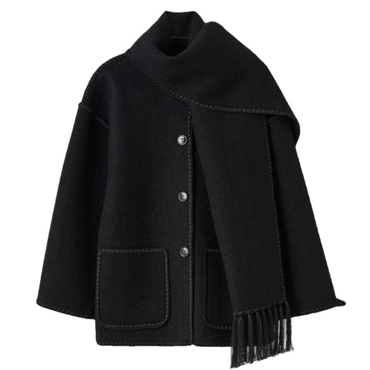 Black Oversized Tassel Scarf Knit Overcoat