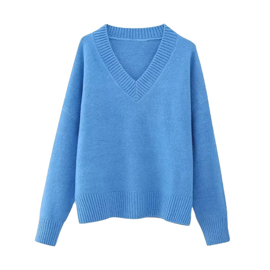 Lake Blue Knit V-Neck Pull Over Sweater