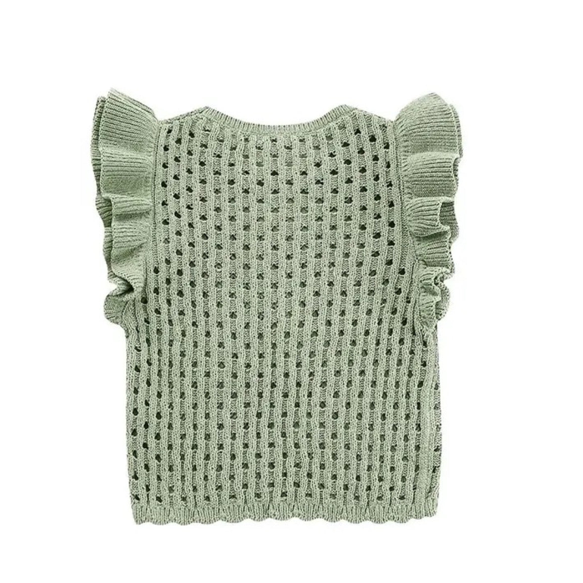 Matcha Green Knit Crochet Ruffle Sleeve Blouse Top