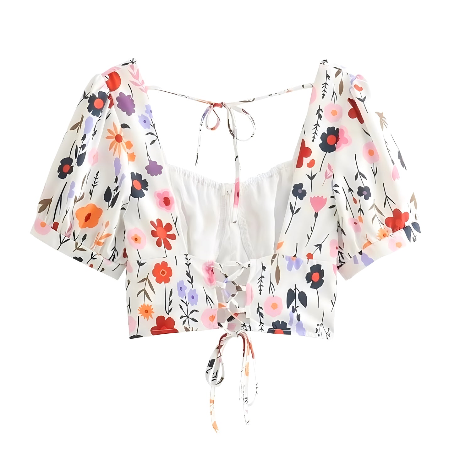 floral-print-white-red-pink-blue-yellow-rainbow-multi-color-flower-patterned-slim-fit-corset-bustier-lace-up-sweetheart-neckline-short-puff-sleeve-backless-open-back-cut-out-bohemian-crop-top-blouse-shirt-women-ladies-teens-tweens-chic-trendy-spring-2024-summer-elegant-casual-feminine-preppy-style-beach-wear-vacation-tops-altard-state-zara-revolve-aritzia-urban-outfitters-dupe