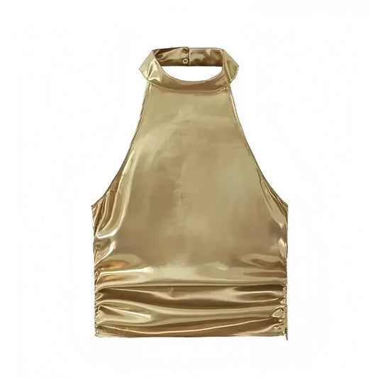 gold-metallic-shimmer-slim-tight-fit-ruched-sleeveless-backless-open-back-cut-out-halter-crop-tank-top-blouse-women-ladies-chic-trendy-spring-2024-summer-elegant-casual-semi-formal-classy-feminine-party-date-night-out-sexy-club-wear-y2k-zara-revolve-aritzia-white-fox-princess-polly-babyboo-edikted