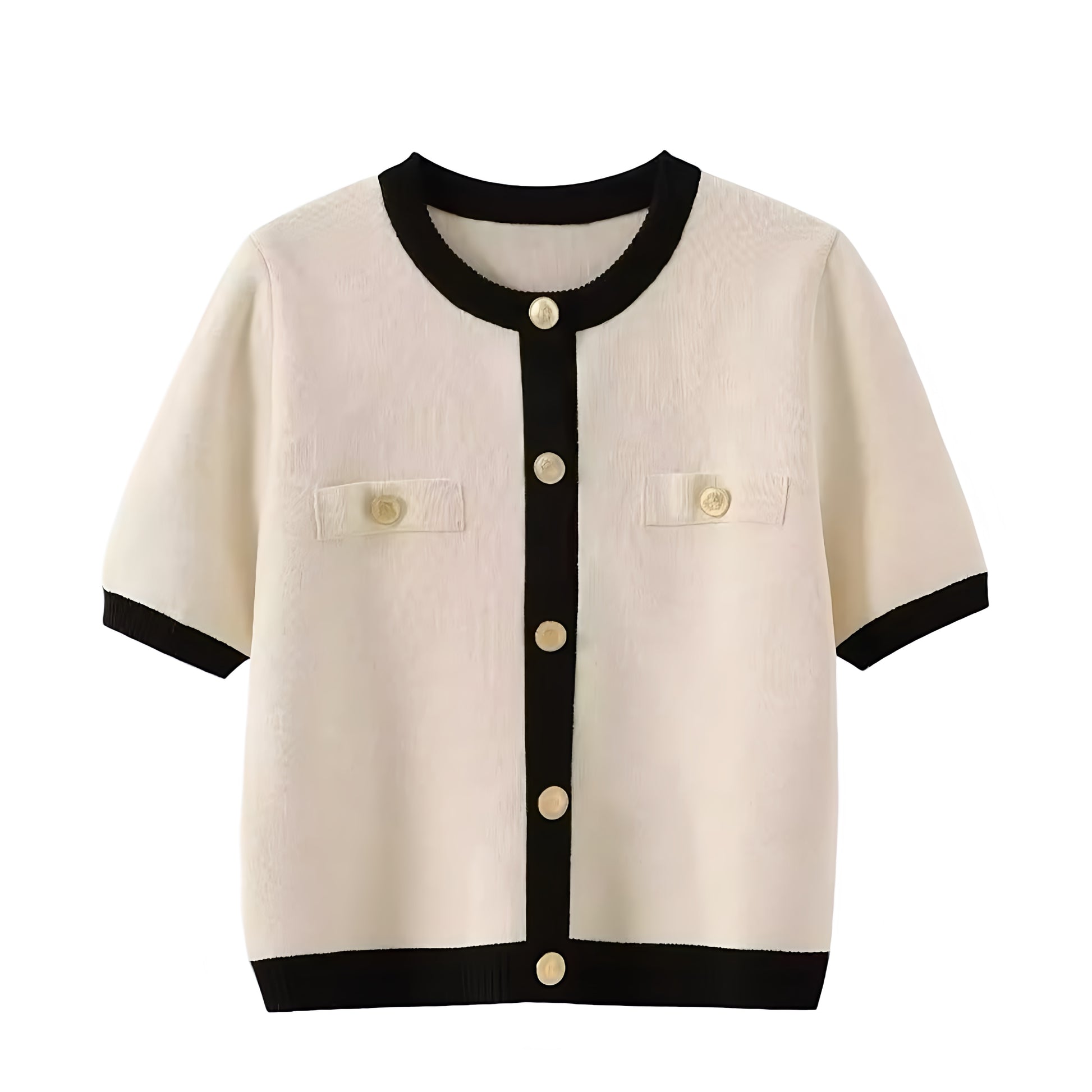 cream-off-white-and-black-contrast-lined-striped-outlined-knit-cotton-soft-woolen-cashmere-knitted-gold-button-down-round-neckline-o-neck-short-sleeve-cropped-cardigan-sweater-blouse-top-shirt-jacket-knitwear-jumper-coat-with-pockets-cozy-warm-women-ladies-teens-unisex-girls-fall-2024-autumn-winter-2025-chic-trendy-casual-semi-formal-feminine-cute-elegant-classy-classic-old-money-parisian-stockholm-style-scandinavian-scandi-street-wear-back-to-school-modest-preppy-zara-revolve-aritzia-chanel-dupe