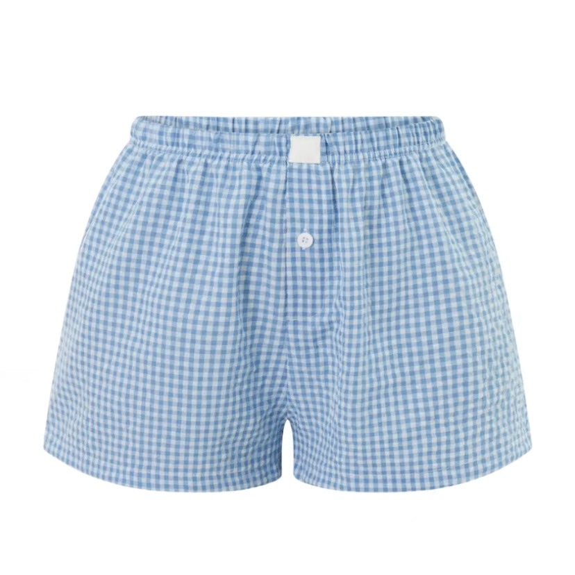 blue-and-white-gingham-checkered-plaid-striped-seersucker-patterned-linen-cotton-light-weight-mid-low-rise-waisted-button-down-fitted-waist-sweat-short-mini-shorts-comfy-cozy-lounge-attire-women-ladies-chic-trendy-spring-2024-summer-casual-feminine-beach-wear-preppy-style-coastal-granddaughter-brandy-melville