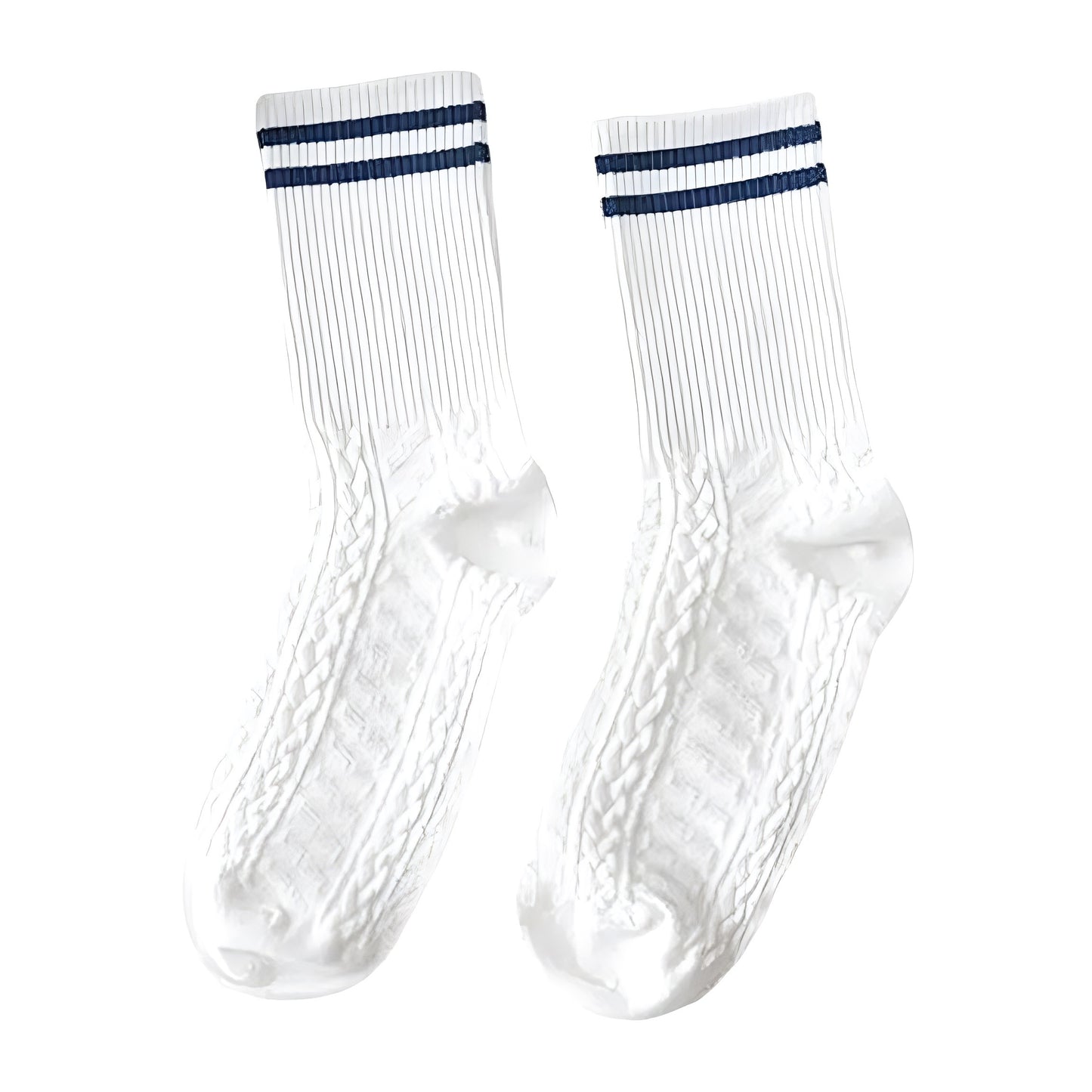 Navy Blue Striped Cable Knitted Cotton Long Socks
