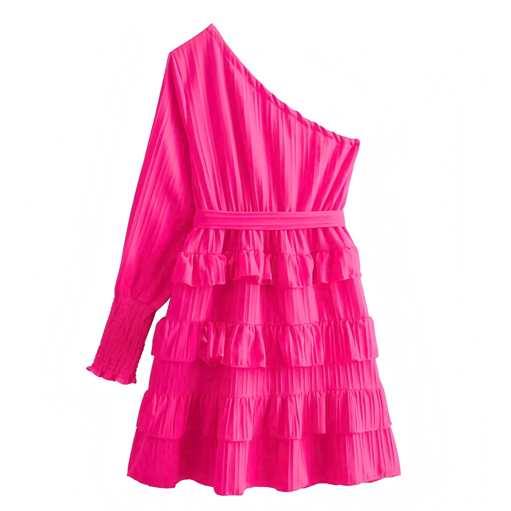 hot-pink-slim-fit-bodycon-fitted-bodice-drop-waist-layered-ruffle-trim-gathered-ruched-bow-belt-long-sleeve-off-one-shoulder-asymmetric-tiered-flowy-boho-bohemian-short-mini-dress-gown-women-ladies-teens-tweens-chic-trendy-spring-2024-summer-elegant-casual-semi-formal-feminine-preppy-style-prom-homecoming-hoco-dance-party-wedding-guest-beach-vacation-sundress-dresses-altard-state-loveshackfancy-revolve-zara-aritzia-reformation-dupe