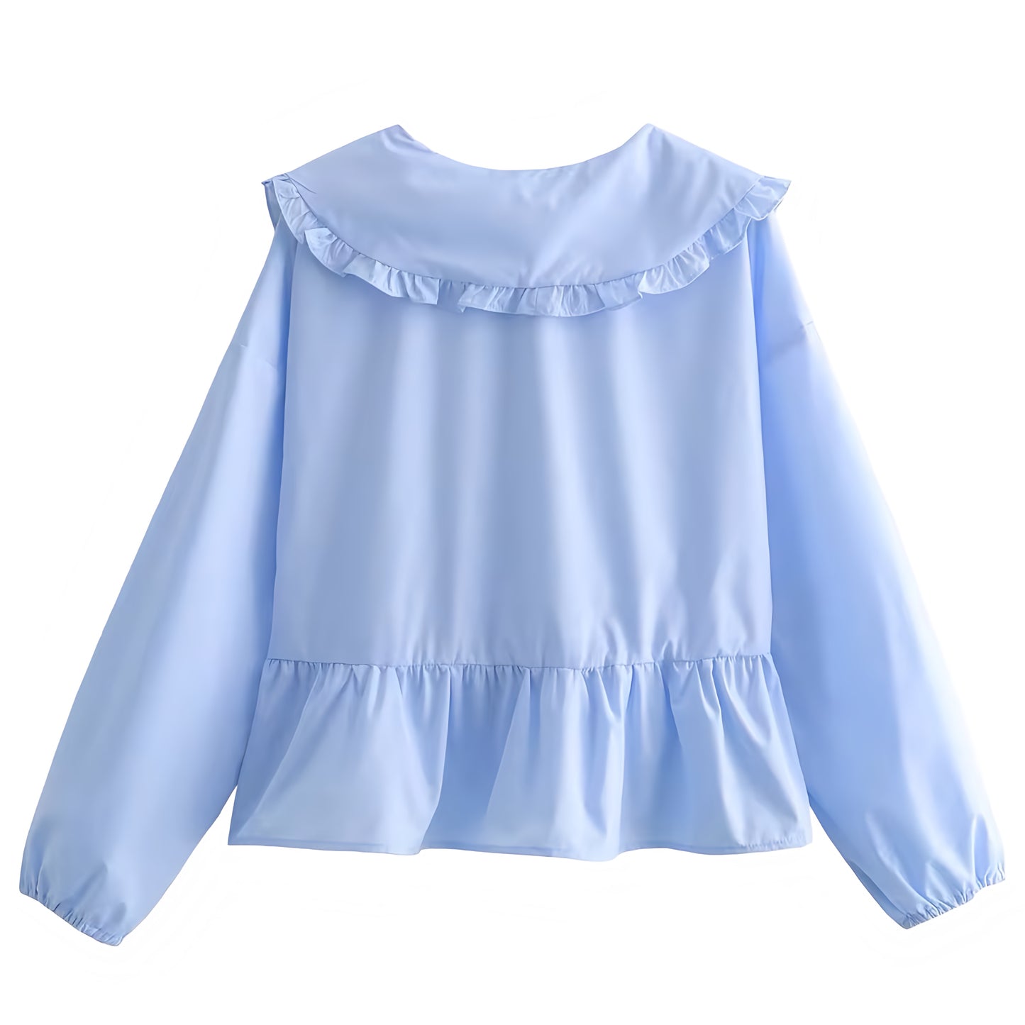 Light Blue Ruffle Trim Bow Lace Up Long Sleeve Camisole Blouse Top