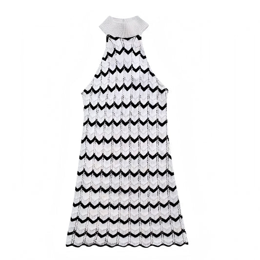Black & White Striped Knit Crochet Bodycon Sleeveless Halter Mini Dress