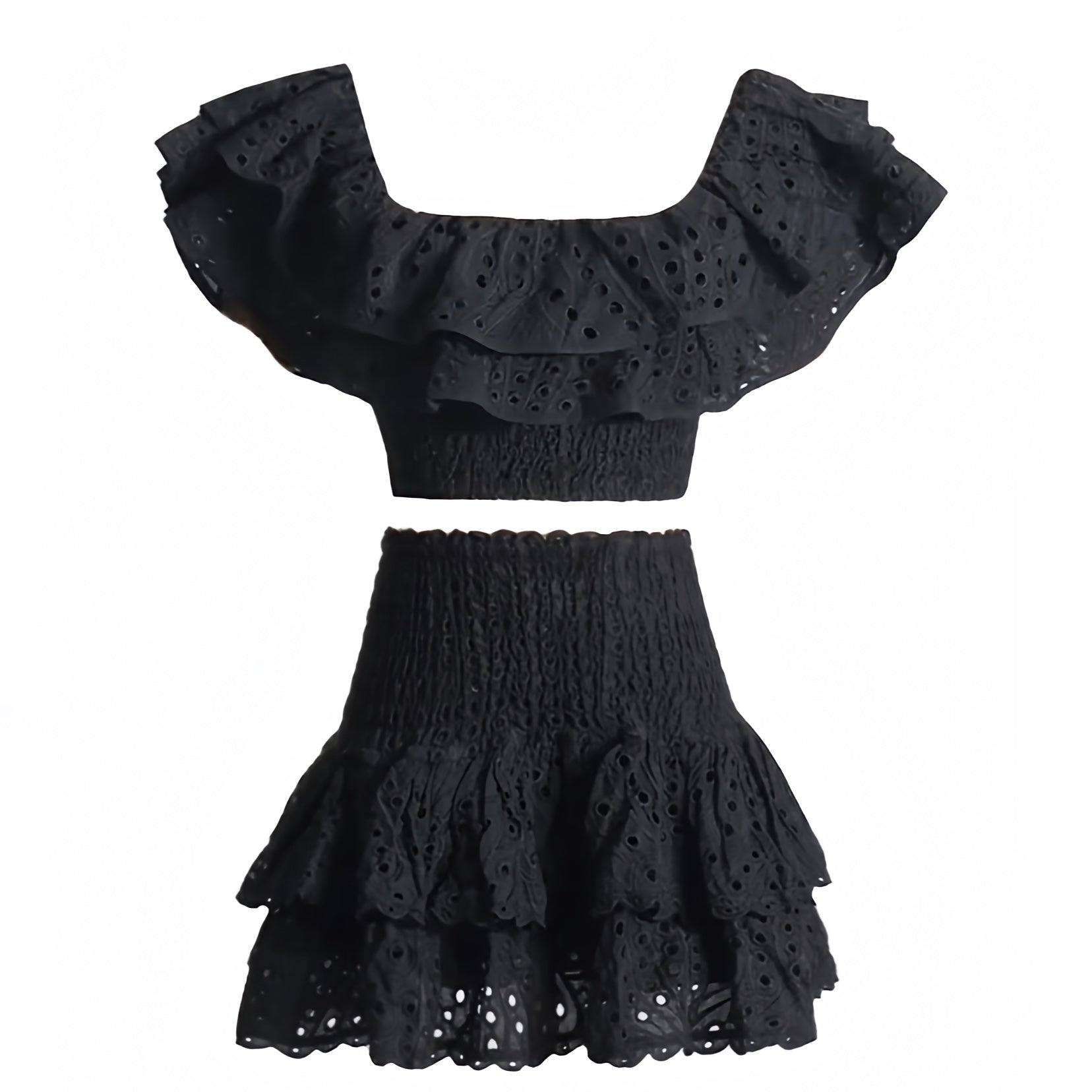 black-eyelet-embroidered-scalloped-broderie-anglaise-patterned-layered-ruffle-smocked-tiered-shirred-bodice-fitted-waist-bodycon-slim-fit-short-sleeve-off-shoulder-square-neck-line-crop-top-blouse-and-mini-skirt-2-piece-dress-set-couture-women-ladies-spring-2024-summer-chic-trendy-elegant-casual-semi-formal-feminine-classy-preppy-style-party-prom-european-beach-wear-vacation-sundress-gown-charo-ruiz-zimmerman-revolve-loveshackfancy-fillyboo-dupe