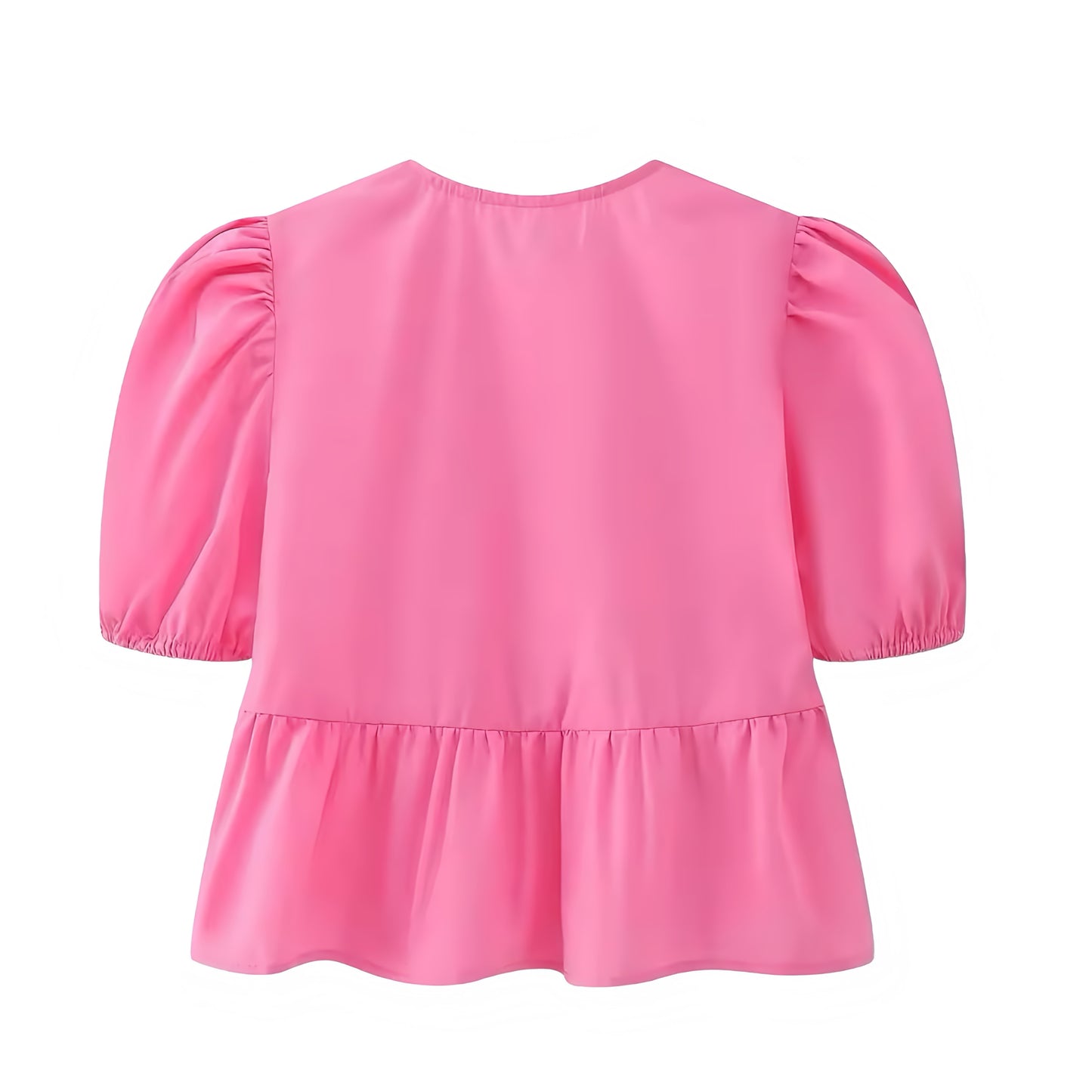 Hot Pink Bow Lace Up Short Puff Sleeve Camisole Blouse Top