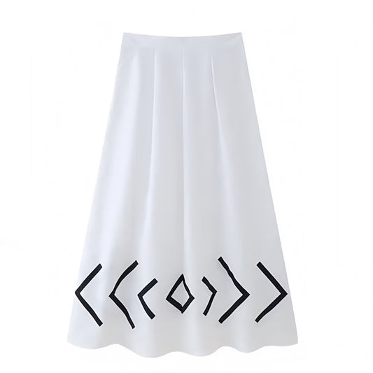 White & Black Patterned Low-Rise Linen Maxi Skirt