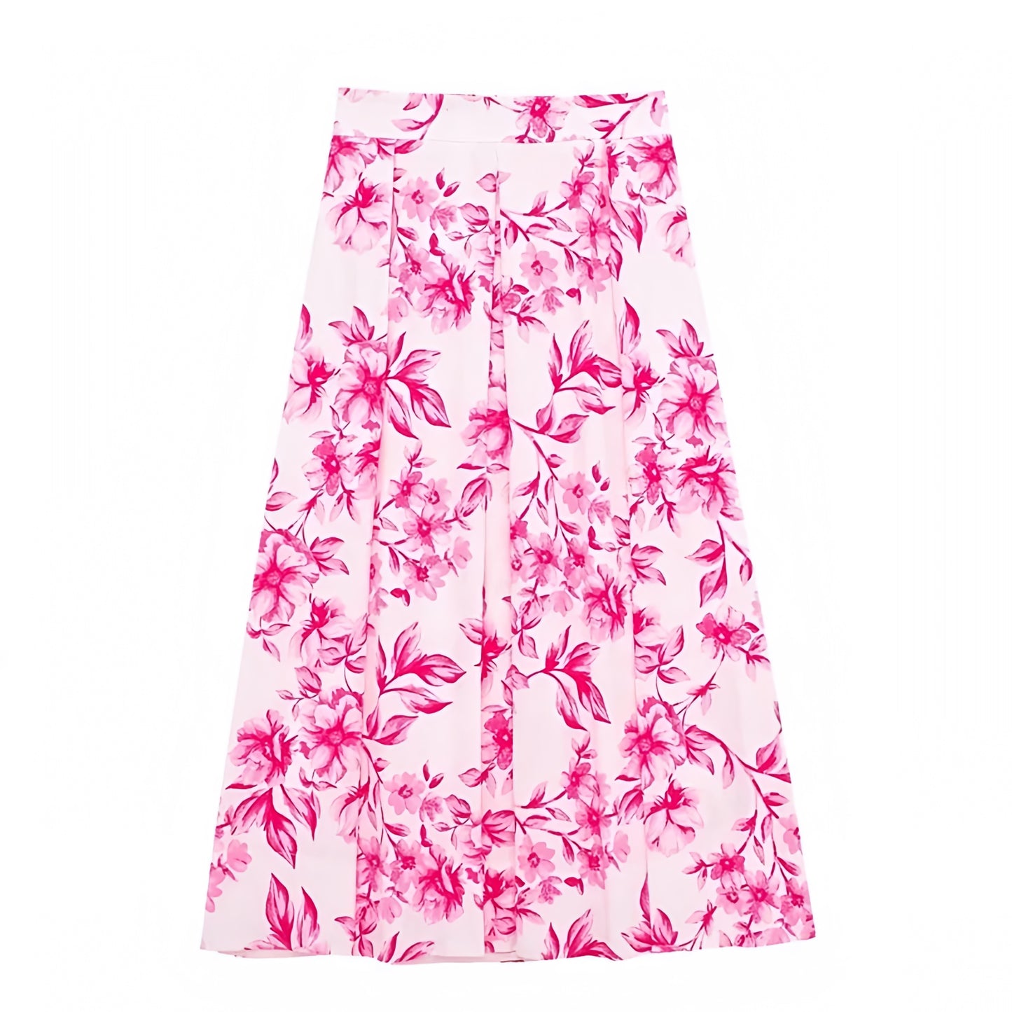 Hot Pink Floral Print Low-Rise Pleated Linen Midi Skirt