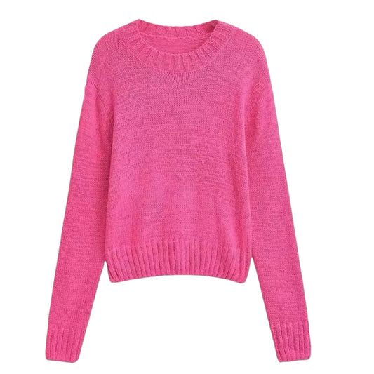 Hot Pink Knitted Long Sleeve Pullover Sweater