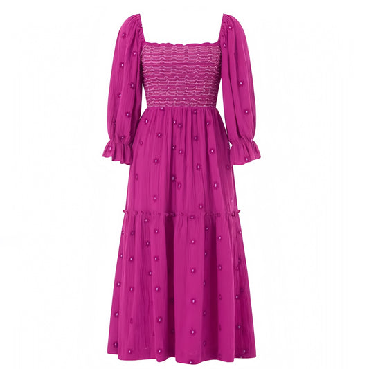magenta-hot-pink-floral-eyelet-embroidered-layered-ruffle-trim-slim-fit-bodycon-smocked-shirred-fitted-bodice-drop-waist-square-neckline-long-puff-sleeve-tiered-linen-flowy-boho-midi-maxi-dress-ball-gown-women-ladies-teens-tweens-chic-trendy-spring-2024-summer-elegant-casual-semi-formal-feminine-prom-party-wedding-guest-homecoming-dance-preppy-style-beach-wear-european-vacation-sundress-grandmillennial-altard-state-hill-house-revolve-free-people-dupe