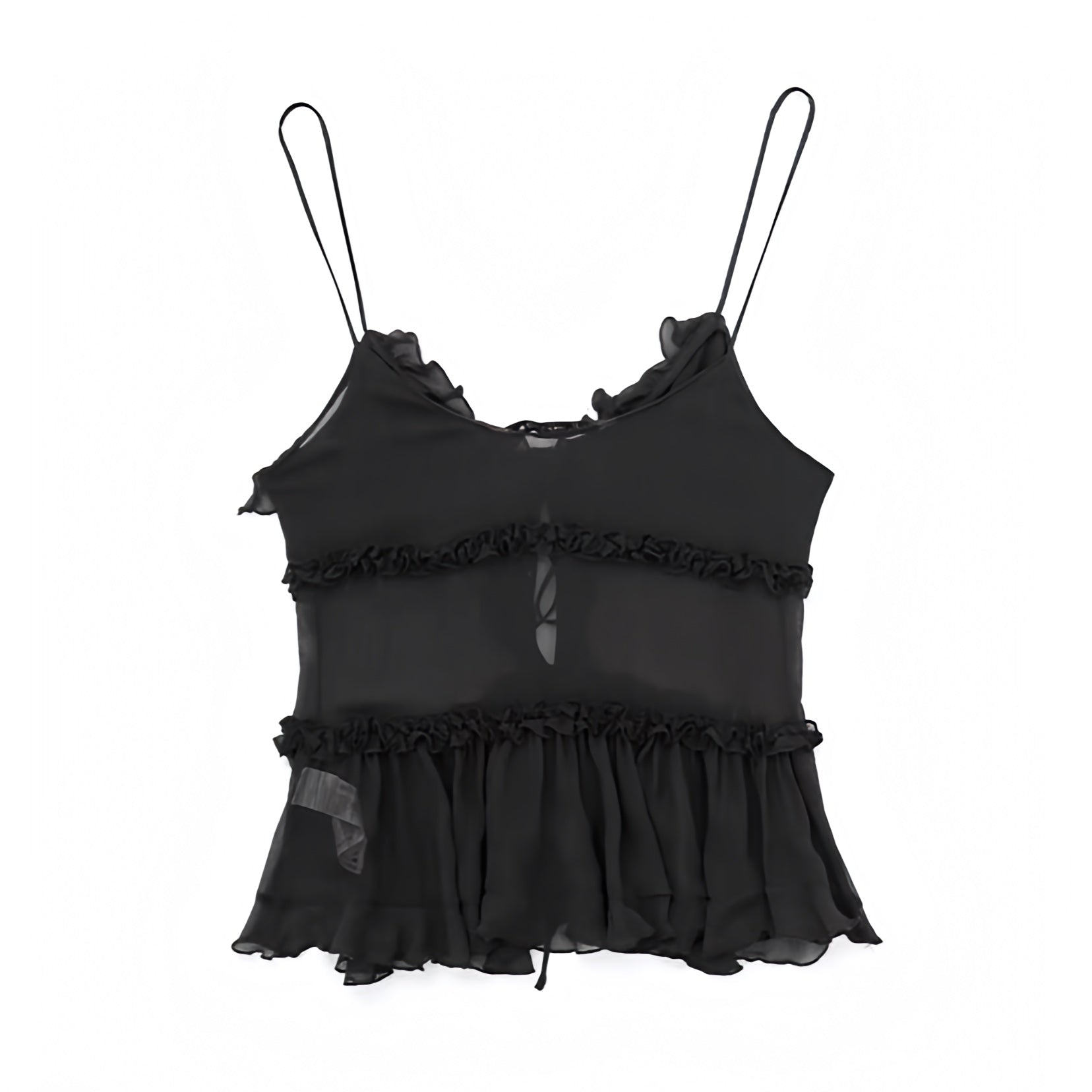black-bow-layered-ruffle-trim-mesh-translucent-slim-fitted-bodice-round-neckline-spaghetti-strap-sleeveless-cut-out-backless-open-back-fit-and-flare-tiered-crop-camisole-tank-top-blouse-women-ladies-chic-trendy-spring-2024-summer-elegant-casual-feminine-coquette-goth-style-date-night-out-sexy-party-club-wear-shirt-zara-revolve-aritzia-urban-outfitters-whitefox-babyboo-iamgia-jaded-london-areyouami-edikted
