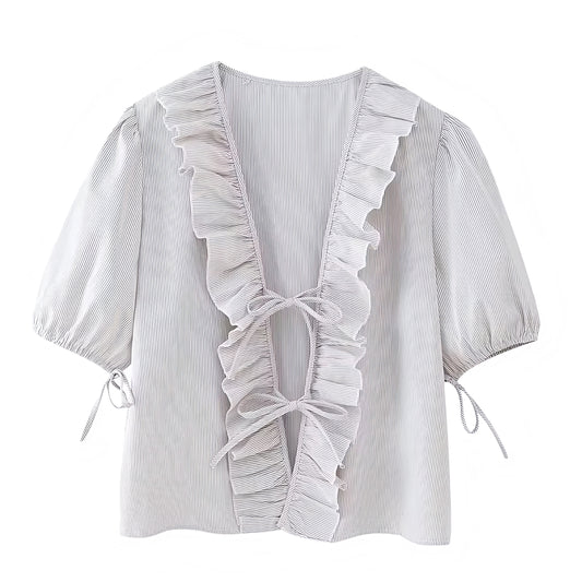 White Striped Ruffle Trim Bow Lace Up Short Sleeve Camisole Blouse Top