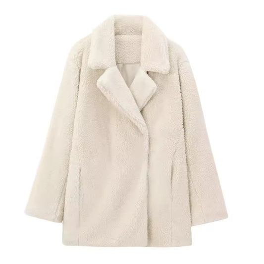 Cream White Woolen Oversized Long Sleeve Sherpa Trench Coat Jacket