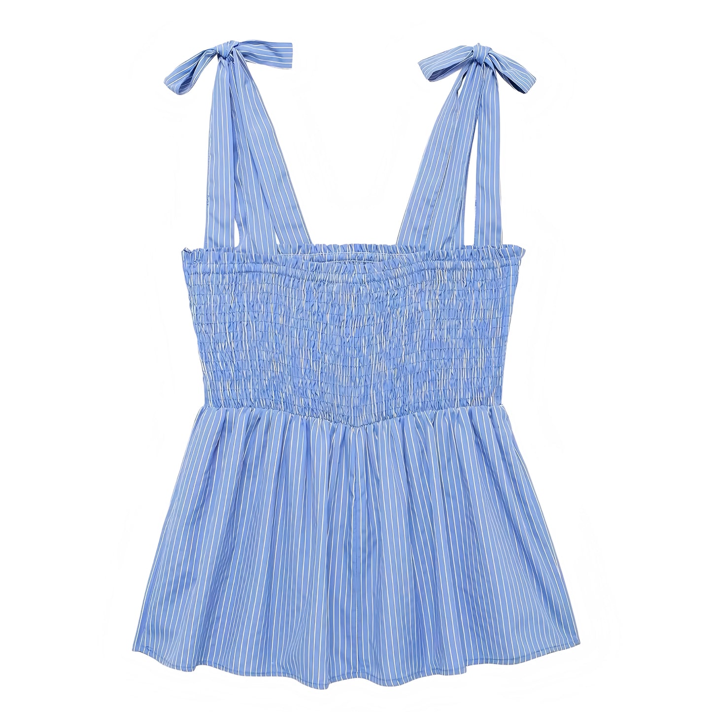 Light Blue Striped Seersucker Smocked Camisole Tank Top