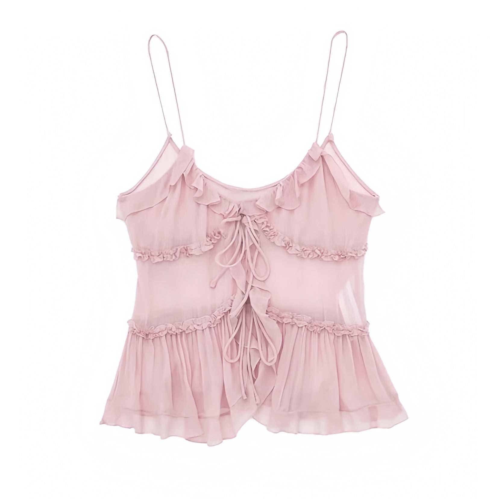 Light Pink Bow Translucent Ruffle Trim Spaghetti Strap Cami Tank Top ...