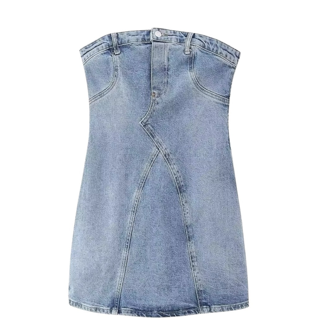 Light Wash Blue Faded Vintage Asymmetric Bodycon Strapless Denim Mini Dress