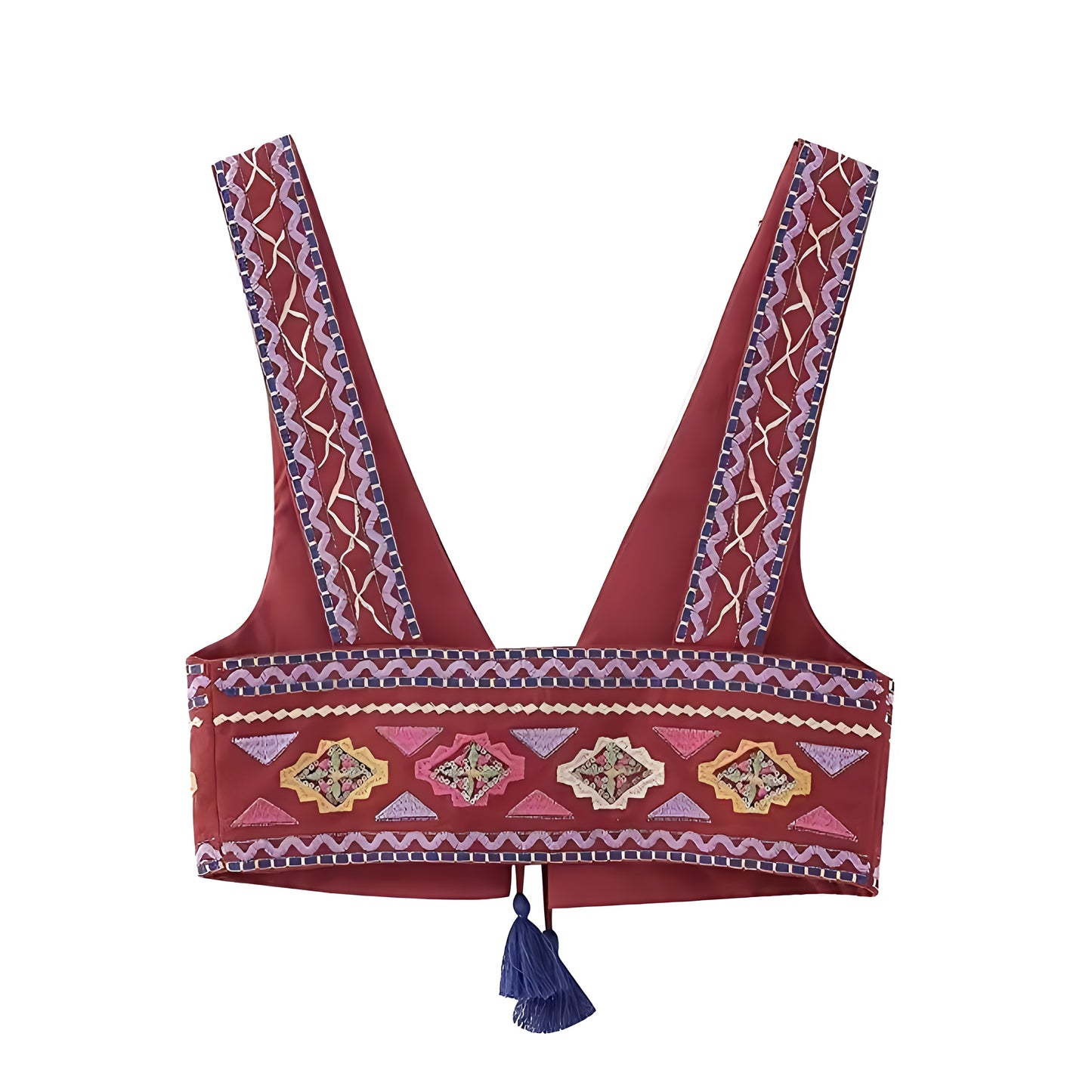 Amelia Multi-Color Embroidered Patterned V-Neck Sleeveless Crop Tank Top
