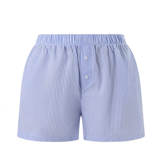 Blue & White Striped Seersucker Mid-Rise Linen Shorts