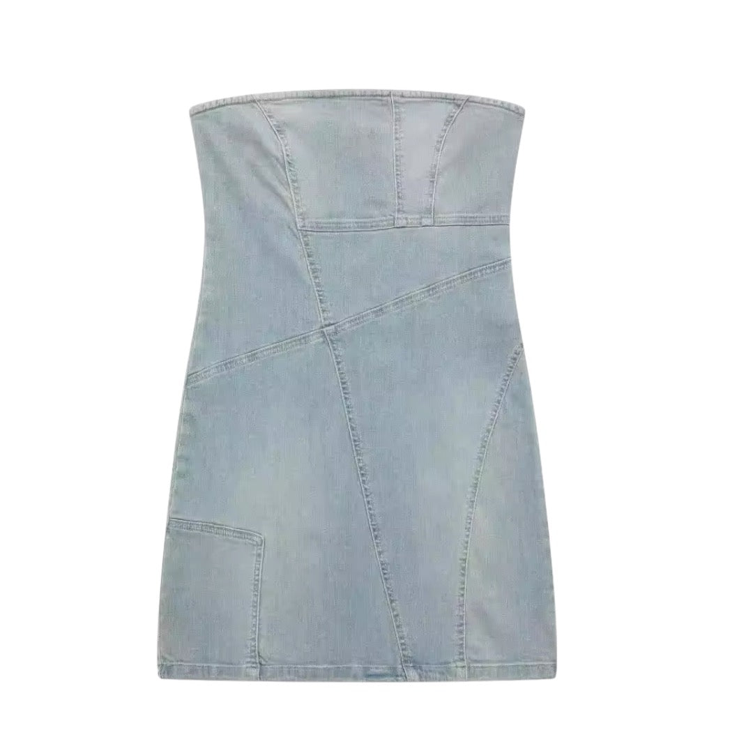 Light Blue Faded Vintage Patchwork Bodycon Strapless Denim Mini Dress