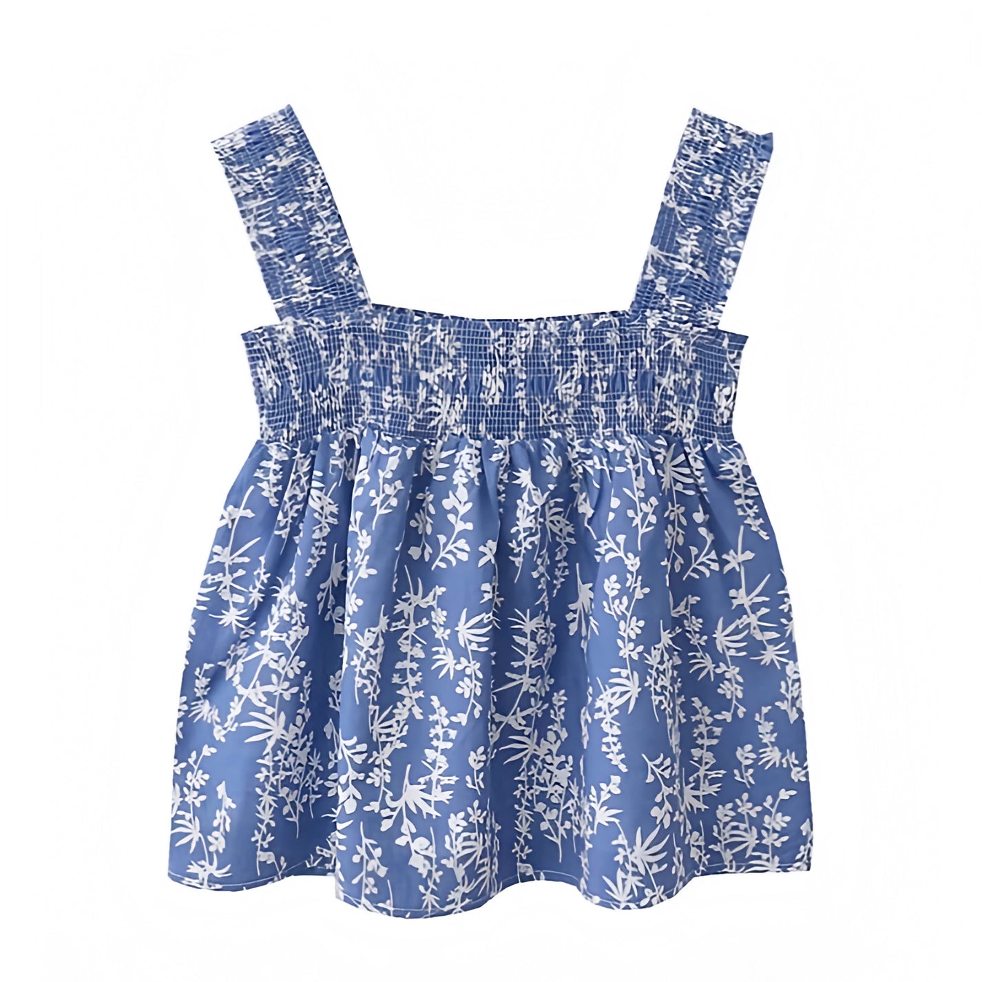 Women's Navy Blue & White Floral Print Smocked Ruffle Cami Tank Top ...