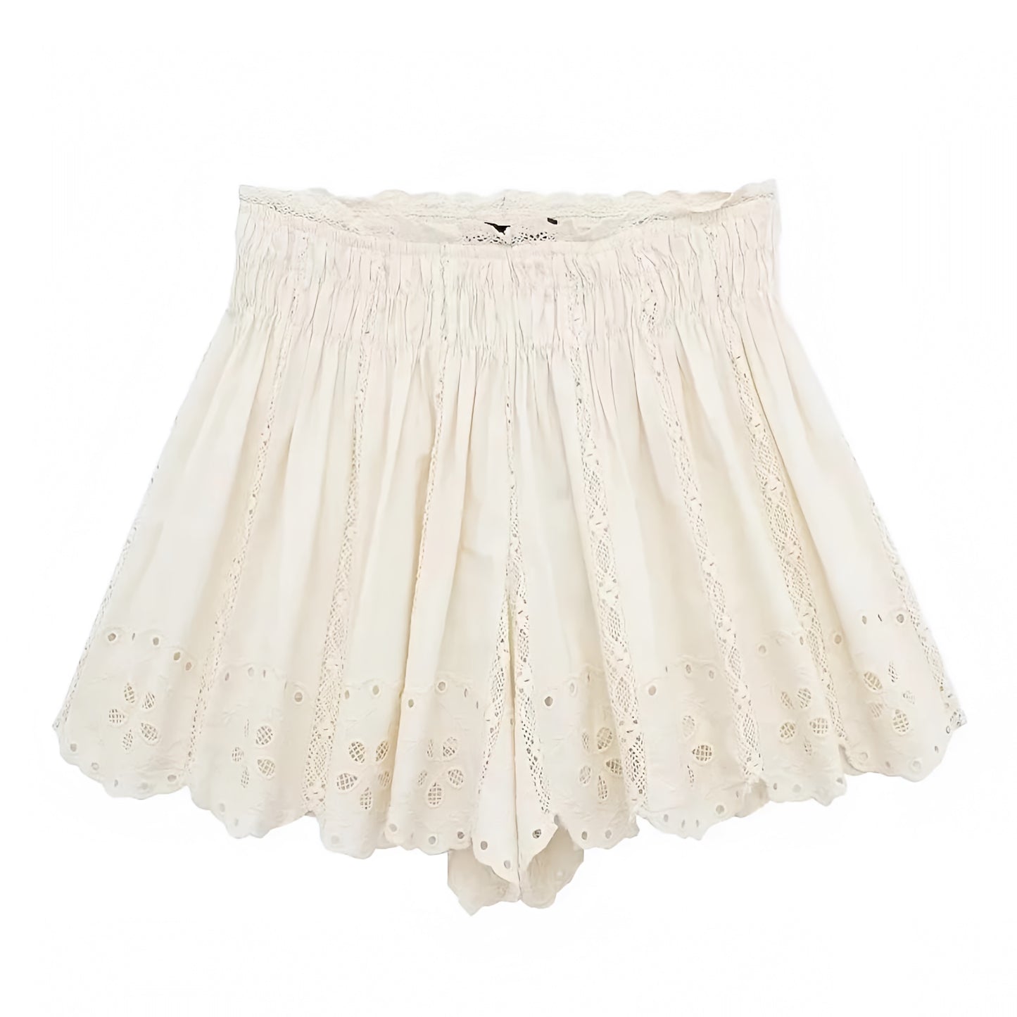 Light Beige Eyelet Embroidered Lace Trim Ruffled Mid-Rise Linen Shorts