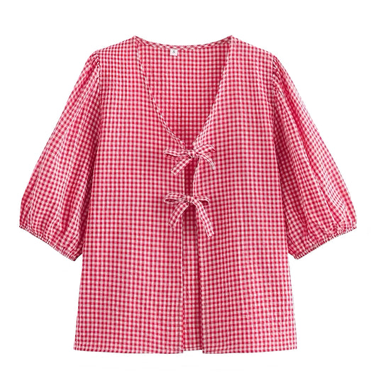 Red Gingham Bow Lace Up Short Puff Sleeve Blouse Top