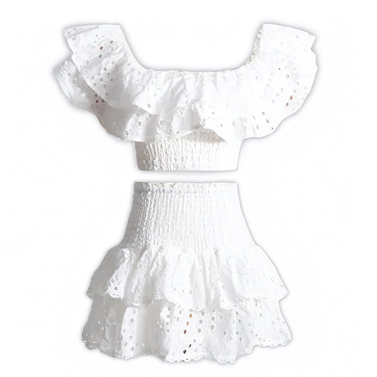 white-ivory-eyelet-embroidered-scalloped-broderie-anglaise-patterned-layered-ruffle-smocked-tiered-shirred-bodice-fitted-waist-bodycon-slim-fit-short-sleeve-off-shoulder-square-neck-line-crop-top-blouse-mini-skirt-2-piece-dress-set-couture-women-ladies-spring-2024-summer-chic-trendy-elegant-casual-semi-formal-feminine-classy-preppy-style-party-prom-european-beach-wear-vacation-sundress-gown-charo-ruiz-zimmerman-revolve-loveshackfancy-fillyboo-cb-positano-dupe