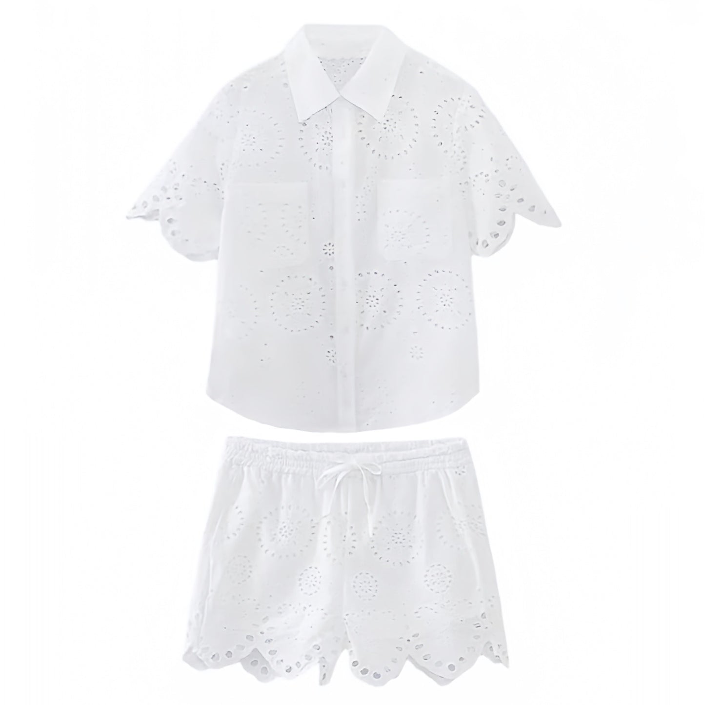 white-ivory-eyelet-embroidered-linen-button-down-v-neck-ruffled-short-sleeve-shirt-mid-low-rise-draw-string-shorts-top-and-bottoms-set-outfit-women-ladies-chic-trendy-spring-2024-summer-elegant-casual-semi-formal-feminine-classy-european-tropical-vacation-beach-wear-preppy-style-coastal-granddaughter-zara-revolve-brandy-melville-aritzia