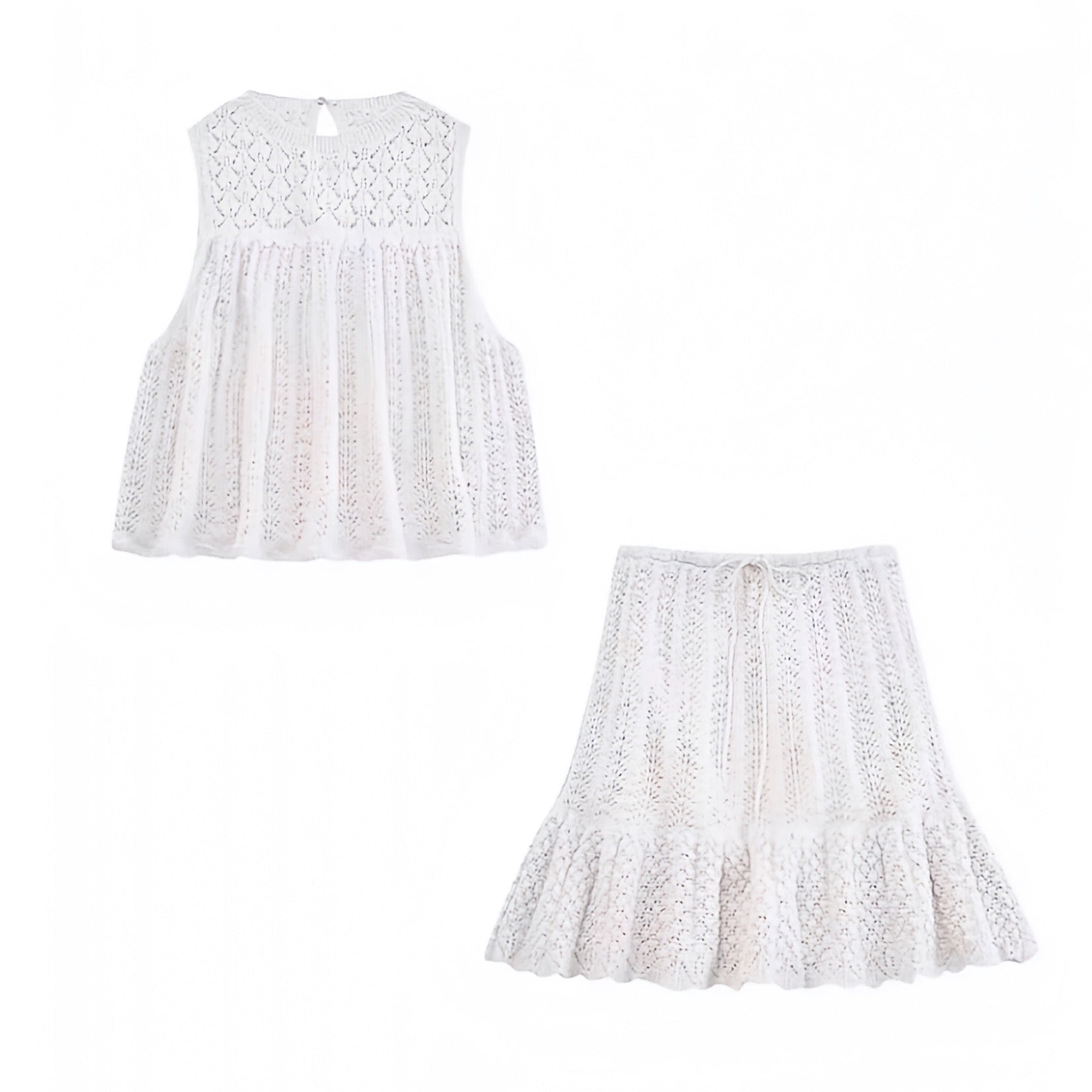 white-ivory-knit-crochet-embroidered-patterned-ruffled-short-sleeve-cut-out-crop-cami-top-blouse-and-mid-low-rise-mini-skirt-two-piece-set-dress-women-ladies-chic-trendy-spring-2024-summer-elegant-casual-semi-formal-classy-european-beach-wear-tropical-vacation-sundress-zara-revolve-aritzia