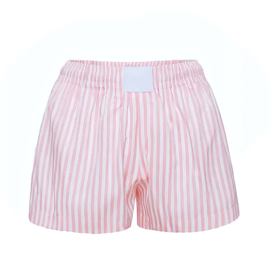 Light Pink & White Striped Low-Rise Linen Shorts