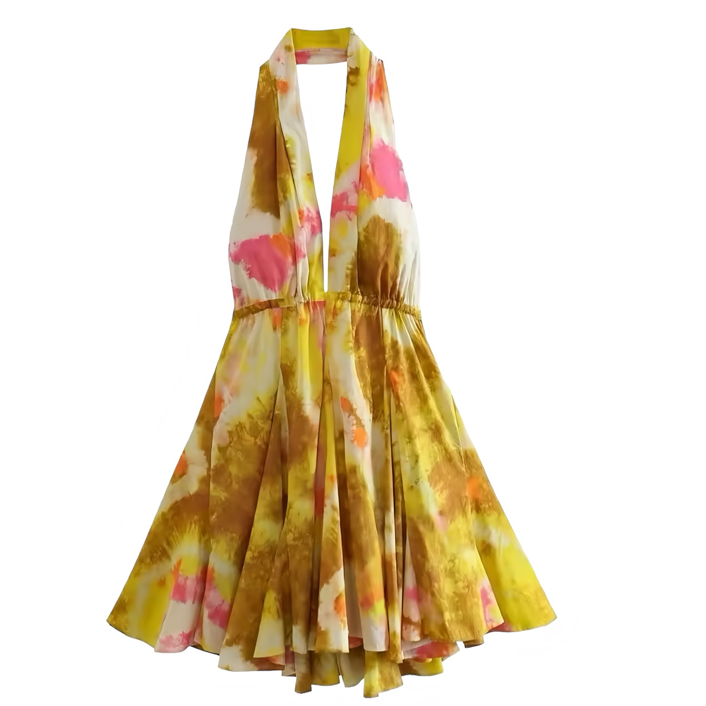 Yellow Tie-Dye Patterned Backless Halter Mini Dress