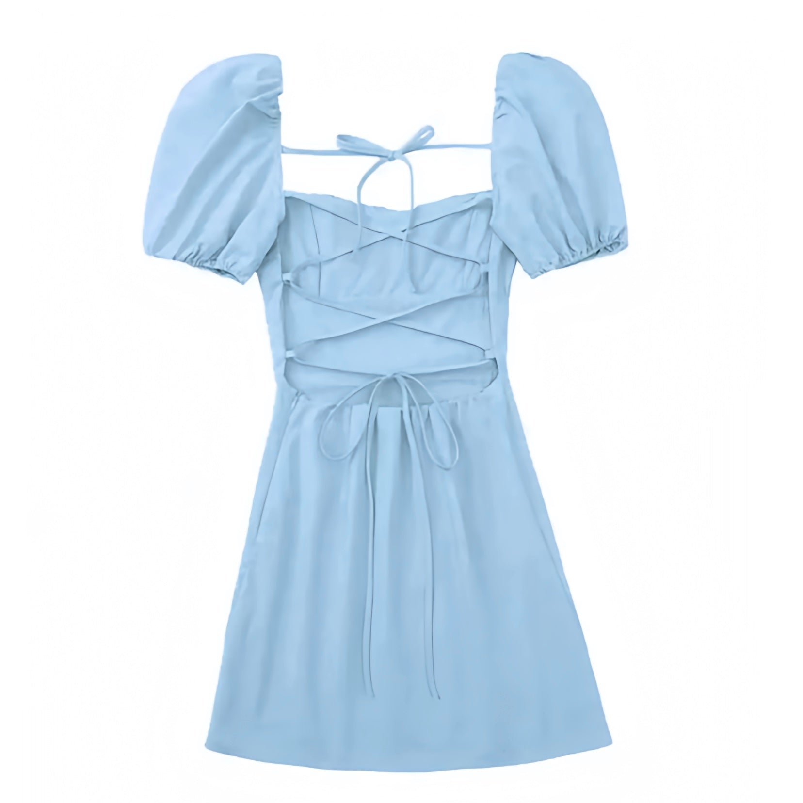 Light Blue Bodycon Ruched Lace Up Puff Sleeve Backless Mini Dress – Dazey Hill