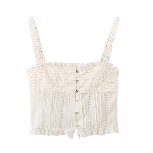 Ivory White Lace Ruffle Trim Button-Down Corset Tank Top