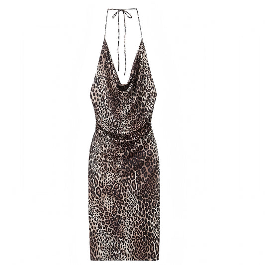 Leopard Print Bodycon Scoop Neck Spaghetti Strap Backless Halter Maxi Dress