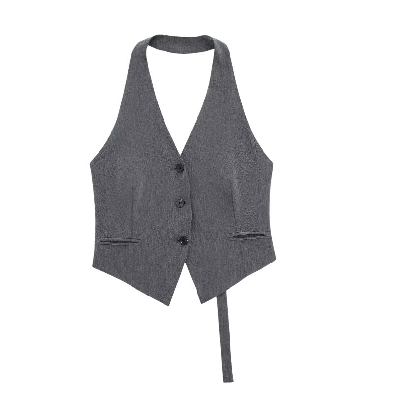 Dark Grey Slim Fit Backless Halter Vest Top